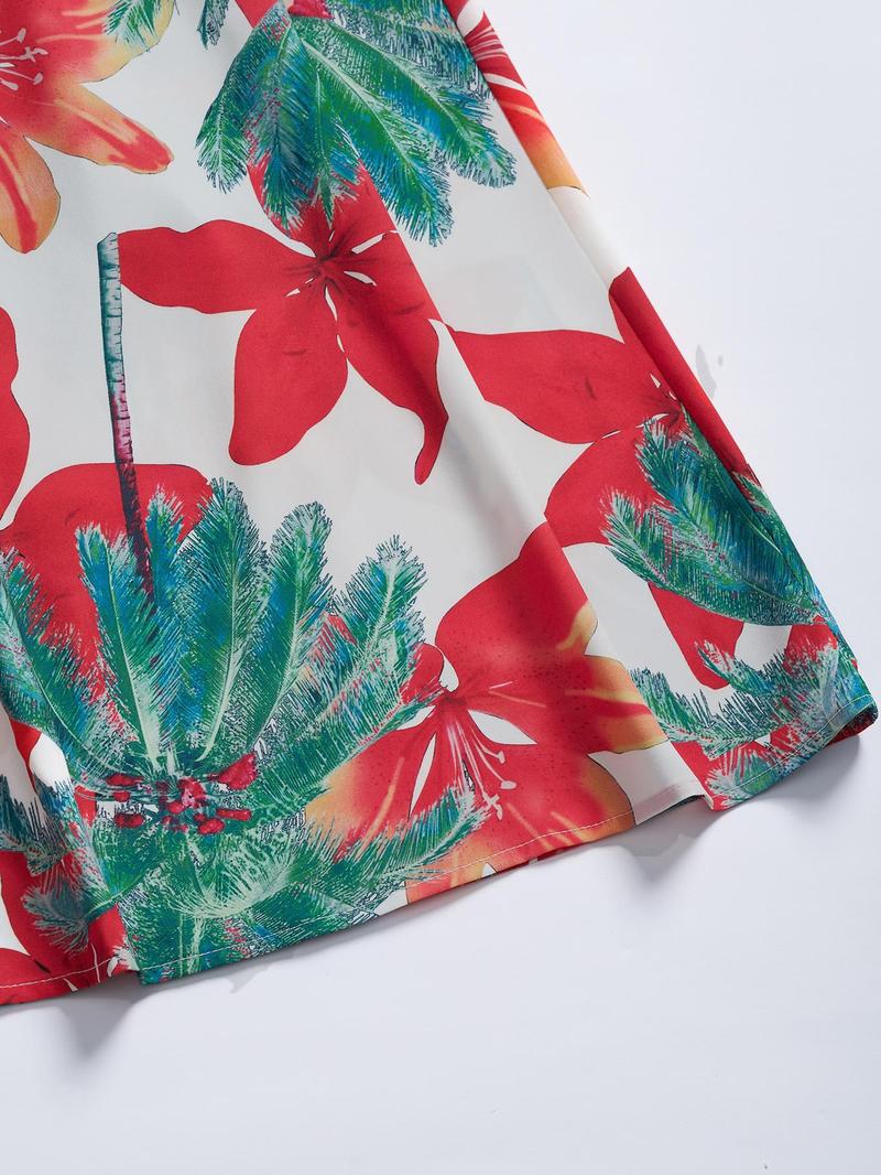 Women's Floral Print Chain Decor Split Thigh Tie Back Cami Dress(Buy 2 Free Shipping)