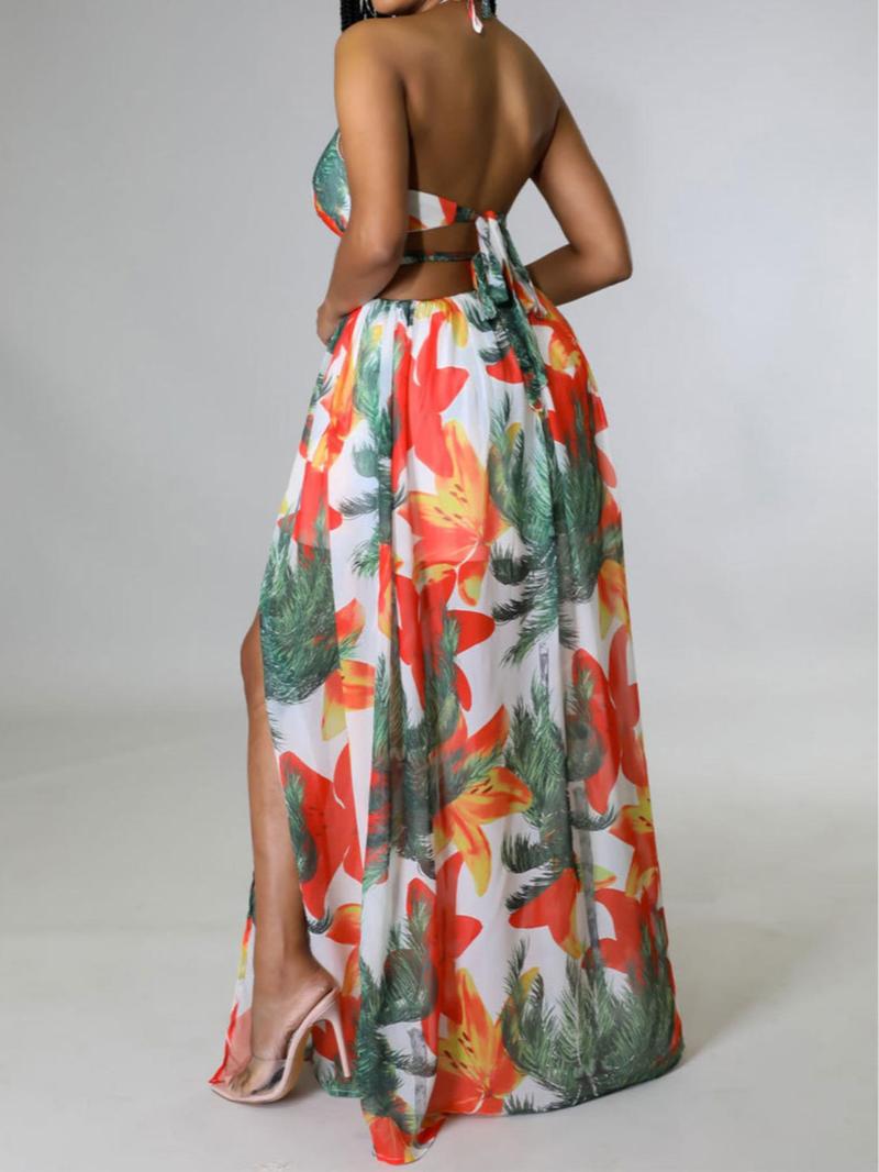 Women's Floral Print Chain Decor Split Thigh Tie Back Cami Dress(Buy 2 Free Shipping)