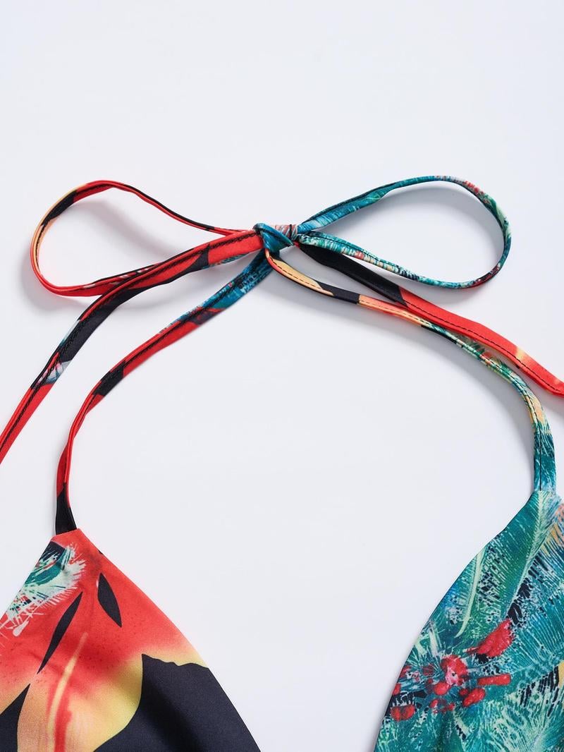 Women's Floral Print Chain Decor Split Thigh Tie Back Cami Dress(Buy 2 Free Shipping)