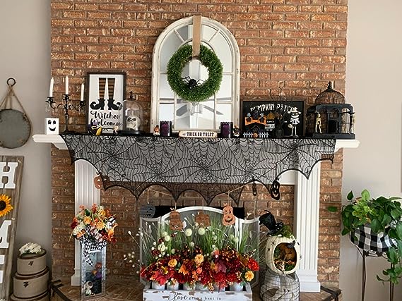 🔥Halloween Hot Sale -Halloween Decorations Black Lace Spiderweb Fireplace Mantle