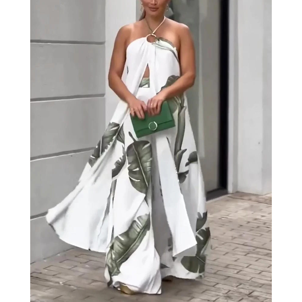 Printed two-piece set of halterneck top & slacks