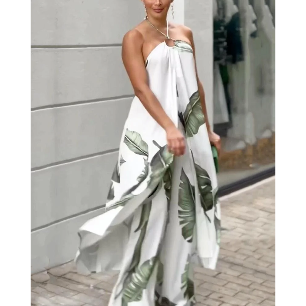 Printed two-piece set of halterneck top & slacks