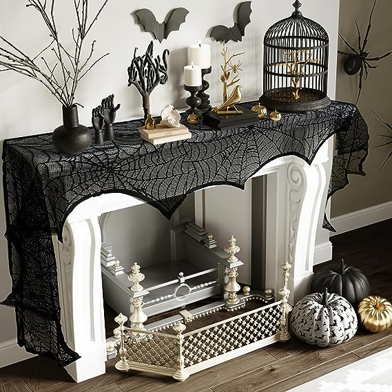 🔥Halloween Hot Sale -Halloween Decorations Black Lace Spiderweb Fireplace Mantle