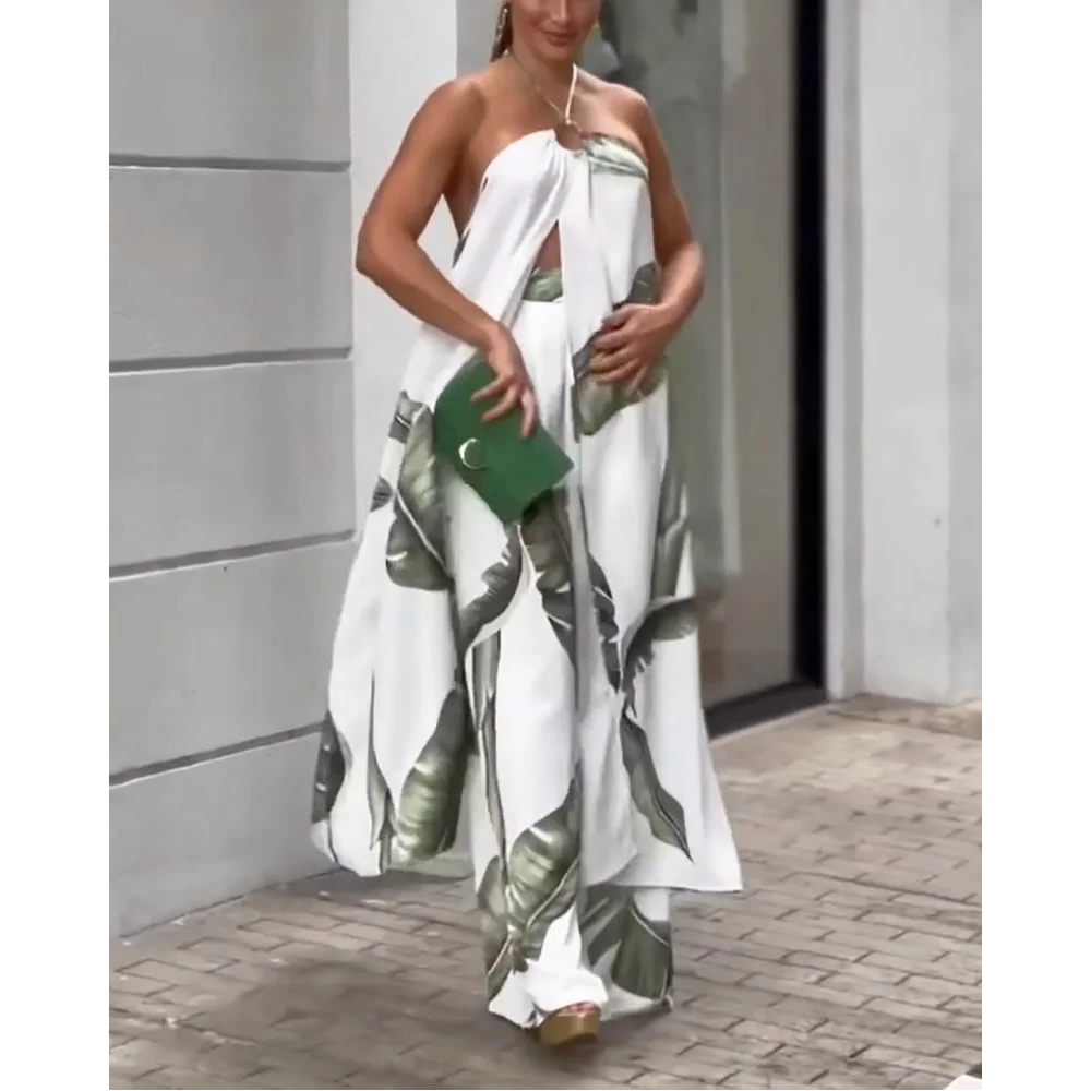 Printed two-piece set of halterneck top & slacks