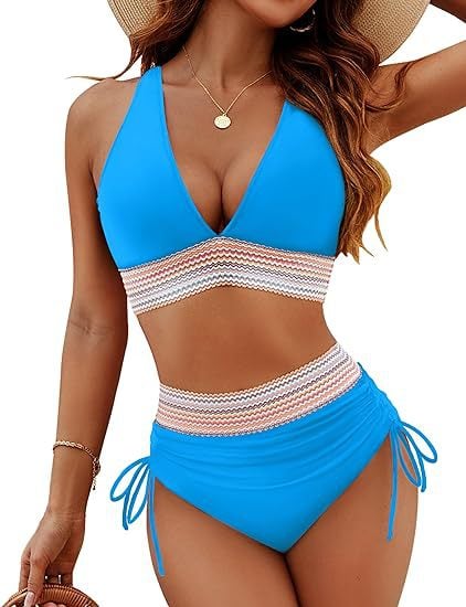 High Waisted Tummy Control Color Block Bikini Sets