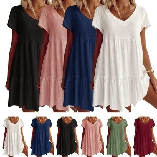 🔥Hot Sale Plus Size Cotton-Blend V Neck Casual Short Sleeve Weaving Dress