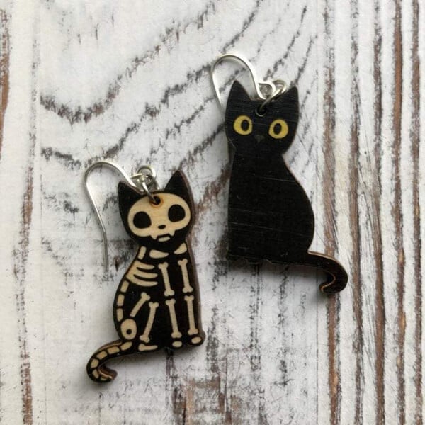 🎃 Adorable Black Cat / Skeleton Cat Wood Dangle Earrings