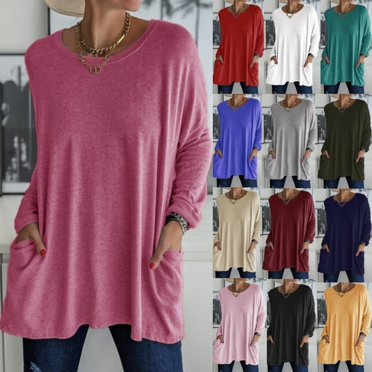 Round Neck Long Sleeve Pocket Solid T-Shirt