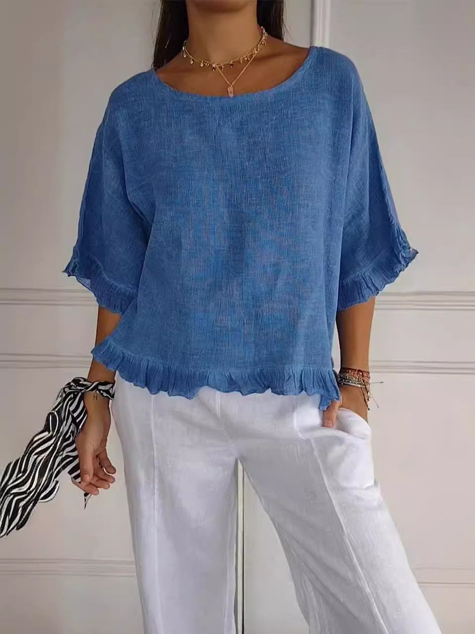 Round Neck Ruffled Hem Mid-sleeve Cotton and Linen Top