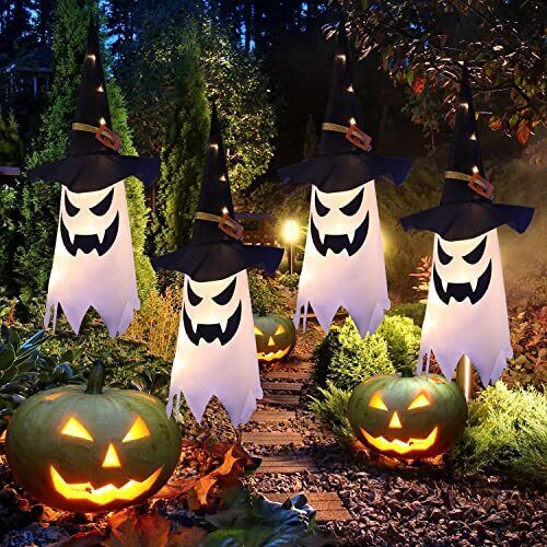 👻Glowing Ghost Witch Hat Halloween Decorations - Outdoor Hanging Lighted Decor