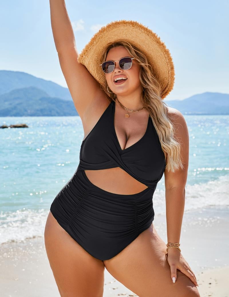 🔥Womens One Piece Swimsuits Push Up Tummy Control Bathing Suits V Neck Cutout Modest Swimwear