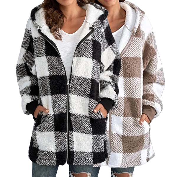 Women Oversized Hoodie Plaid Loose Overcoat