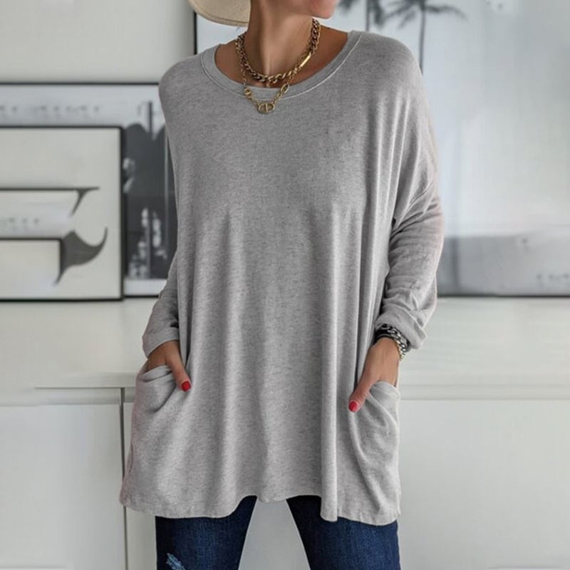 Round Neck Long Sleeve Pocket Solid T-Shirt