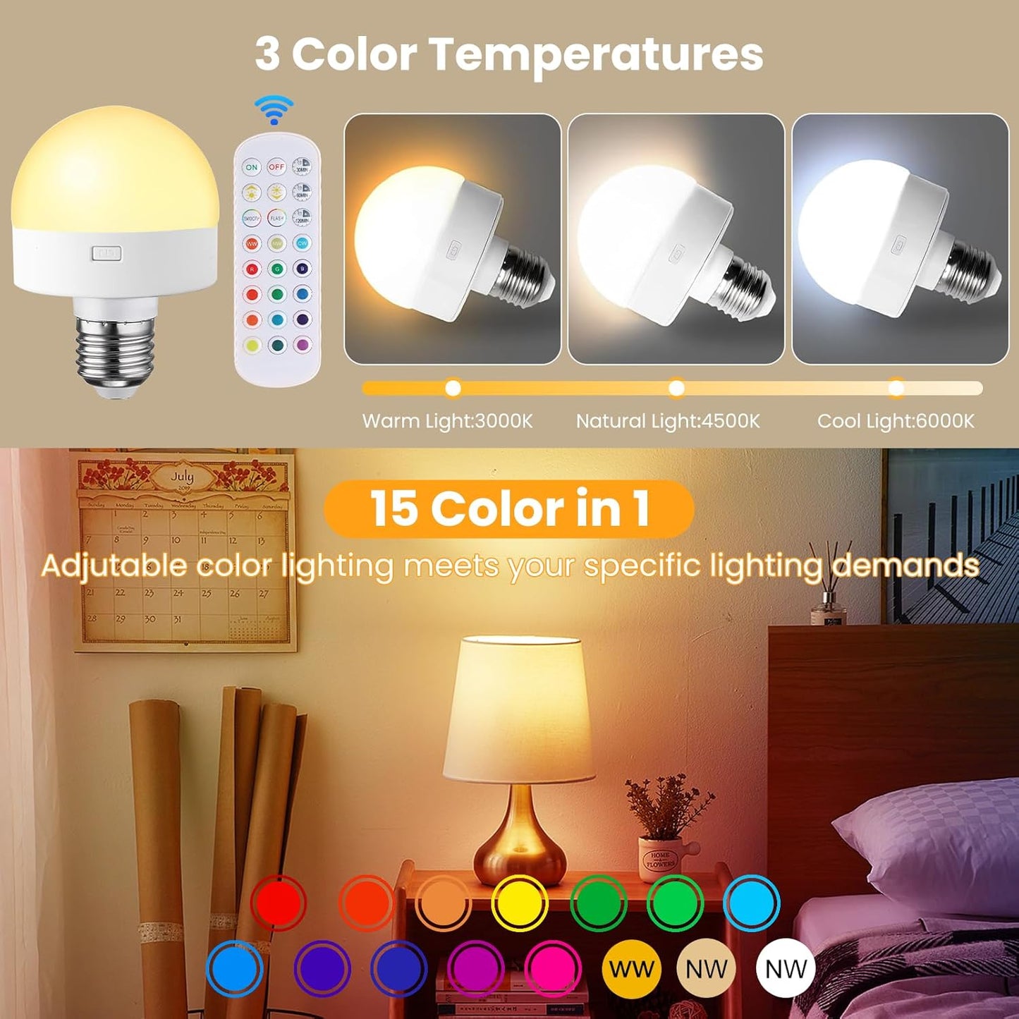 🏆Flash Sale⚡ 50K+ SOLD! Almost Gone-💥Rechargeable Light Bulbs with Remote Control, Battery Operated Light Bulb for Sconce and Lamp, 3 Color Temperature Dimmable E26 Wireless Detachable LED Charging Bulb,Best gifts