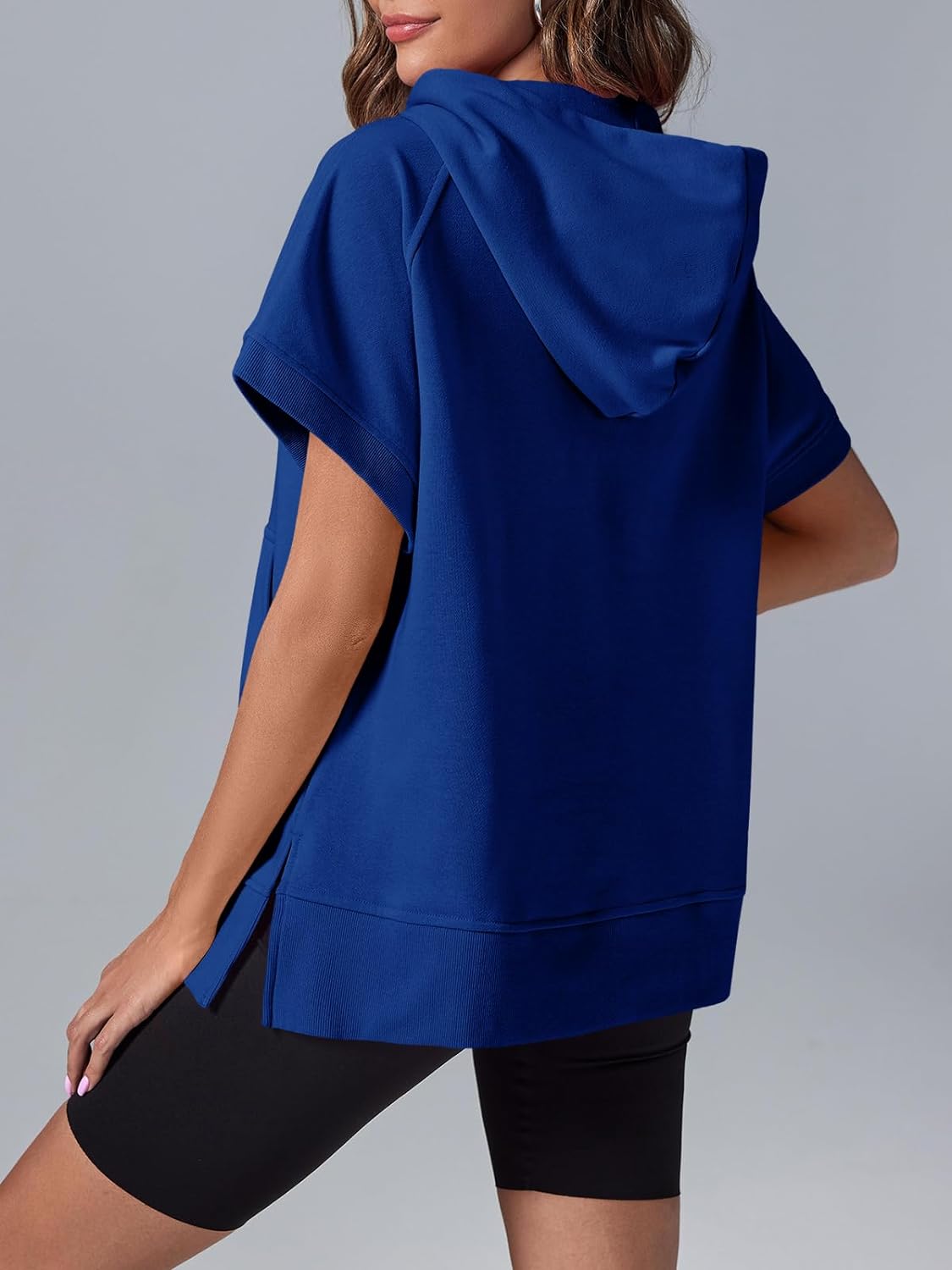 Oversized Casual Half Zip Short Sleeve Pullover Tops with Pockets