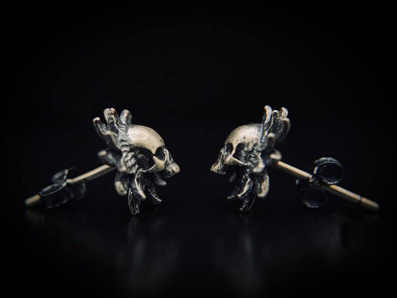 Sterling Silver Maya Skull - Gothic Earrings