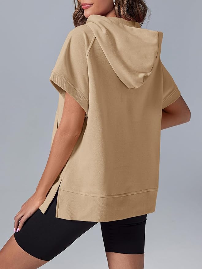 Oversized Casual Half Zip Short Sleeve Pullover Tops with Pockets