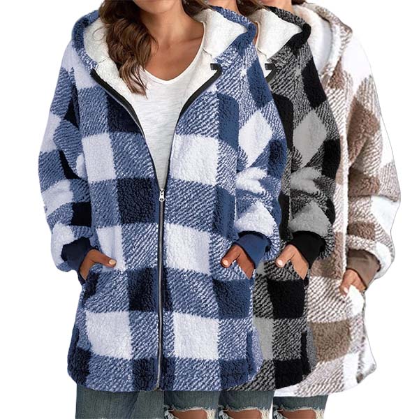 Women Oversized Hoodie Plaid Loose Overcoat