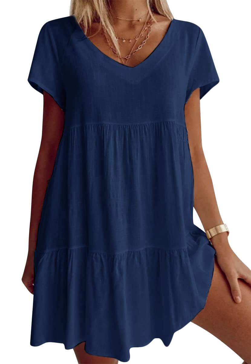 🔥Hot Sale Plus Size Cotton-Blend V Neck Casual Short Sleeve Weaving Dress