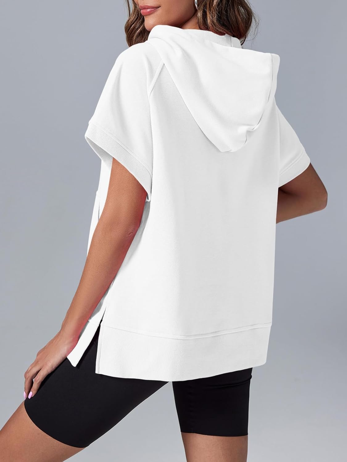 Oversized Casual Half Zip Short Sleeve Pullover Tops with Pockets