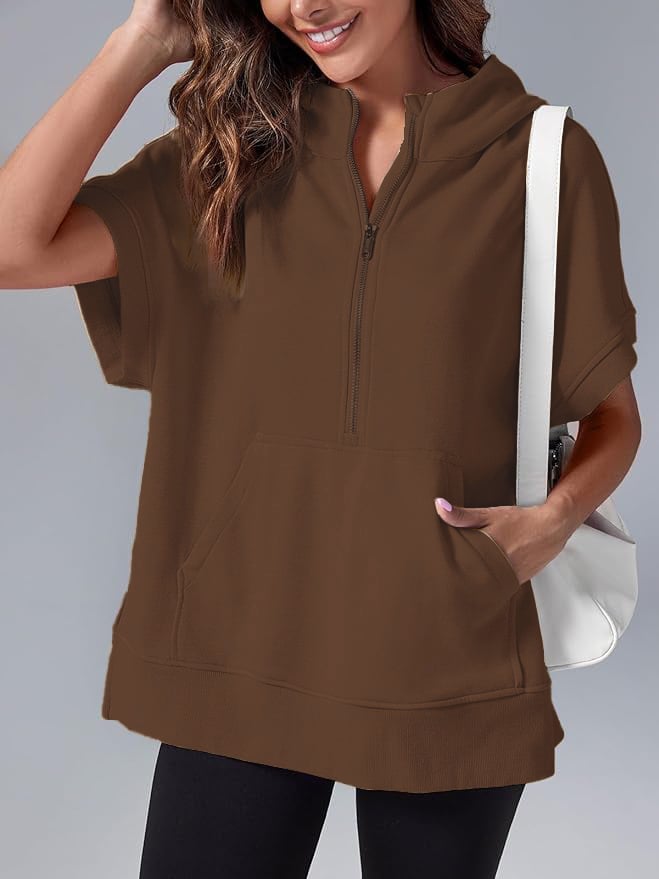 Oversized Casual Half Zip Short Sleeve Pullover Tops with Pockets