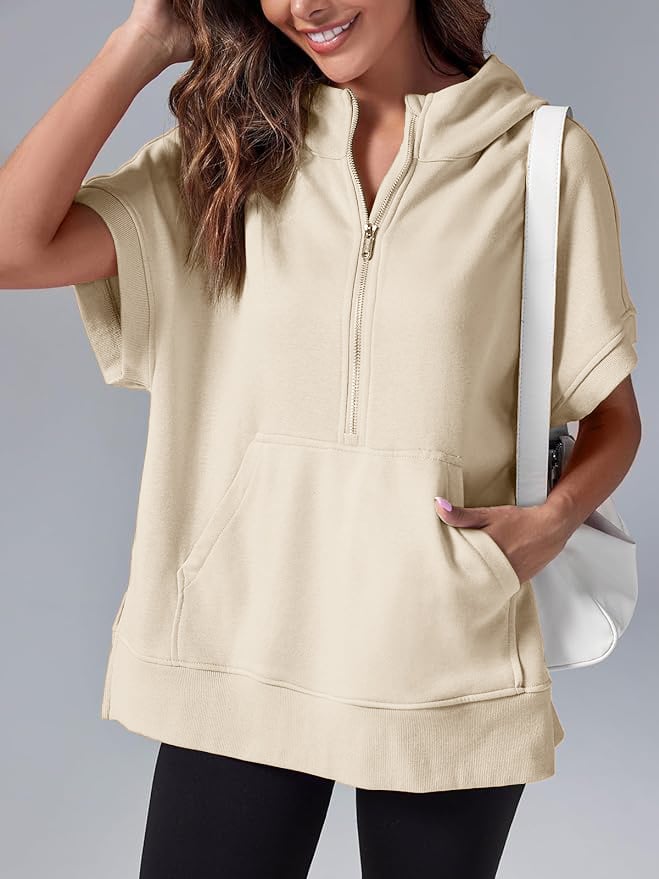 Oversized Casual Half Zip Short Sleeve Pullover Tops with Pockets