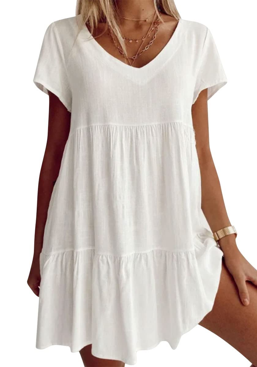 🔥Hot Sale Plus Size Cotton-Blend V Neck Casual Short Sleeve Weaving Dress