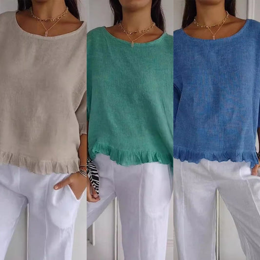 Round Neck Ruffled Hem Mid-sleeve Cotton and Linen Top