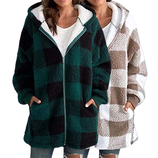 Women Oversized Hoodie Plaid Loose Overcoat