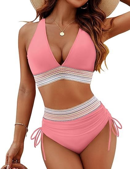 High Waisted Tummy Control Color Block Bikini Sets