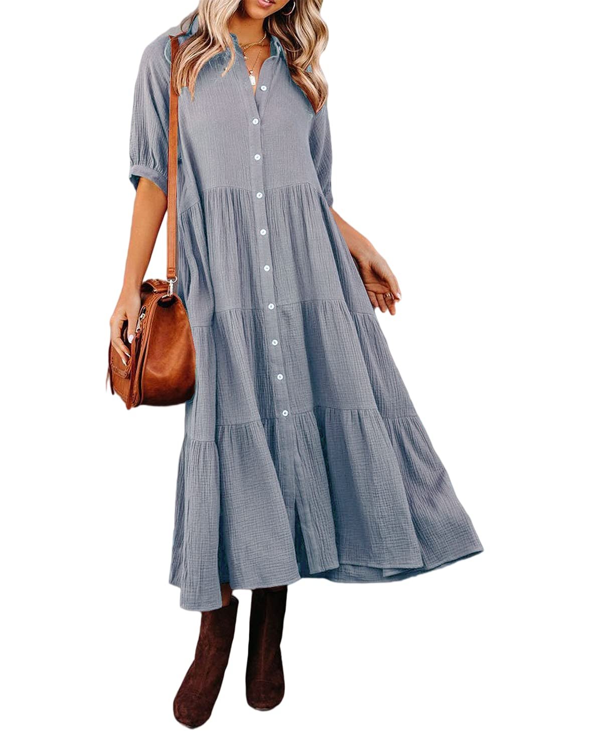 Summer Cotton Half Sleeves Midi Dress with Pockets