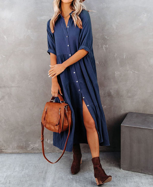 Summer Cotton Half Sleeves Midi Dress with Pockets