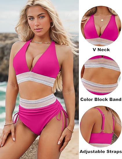 High Waisted Tummy Control Color Block Bikini Sets