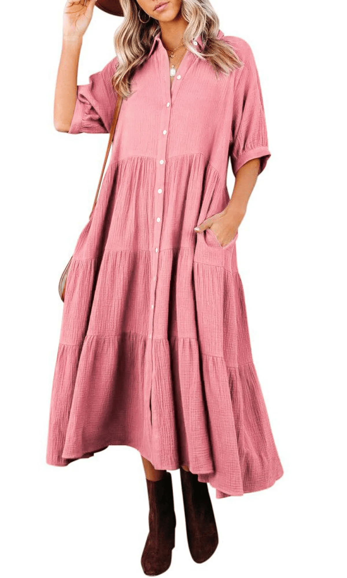 Summer Cotton Half Sleeves Midi Dress with Pockets