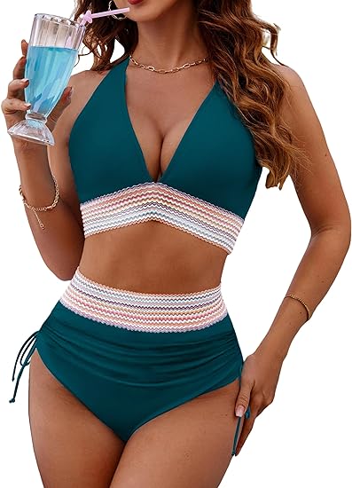 High Waisted Tummy Control Color Block Bikini Sets