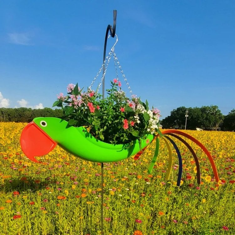 Colorful bird hanging planter