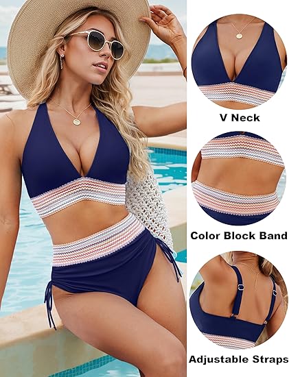 High Waisted Tummy Control Color Block Bikini Sets