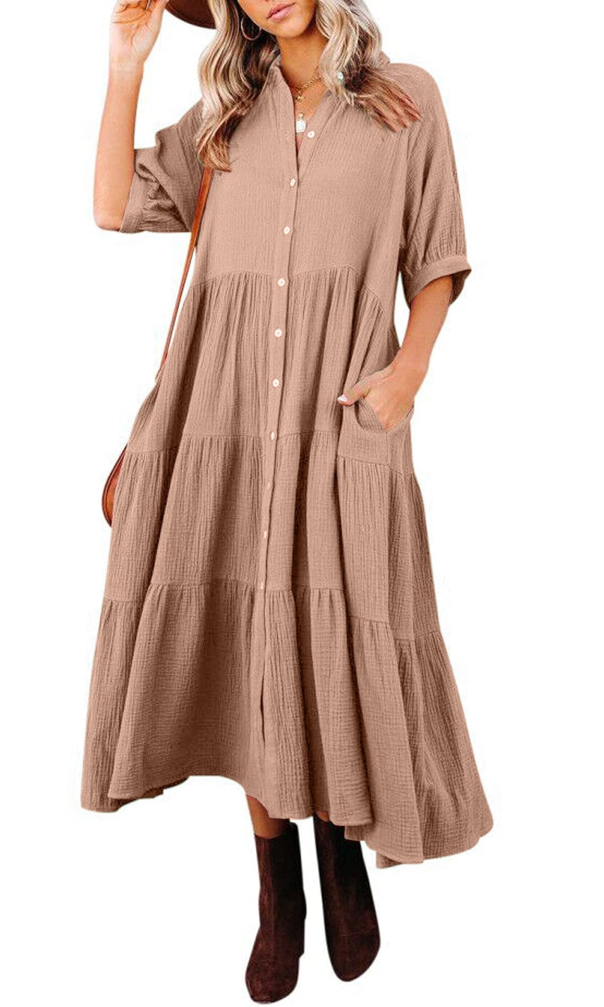 Summer Cotton Half Sleeves Midi Dress with Pockets