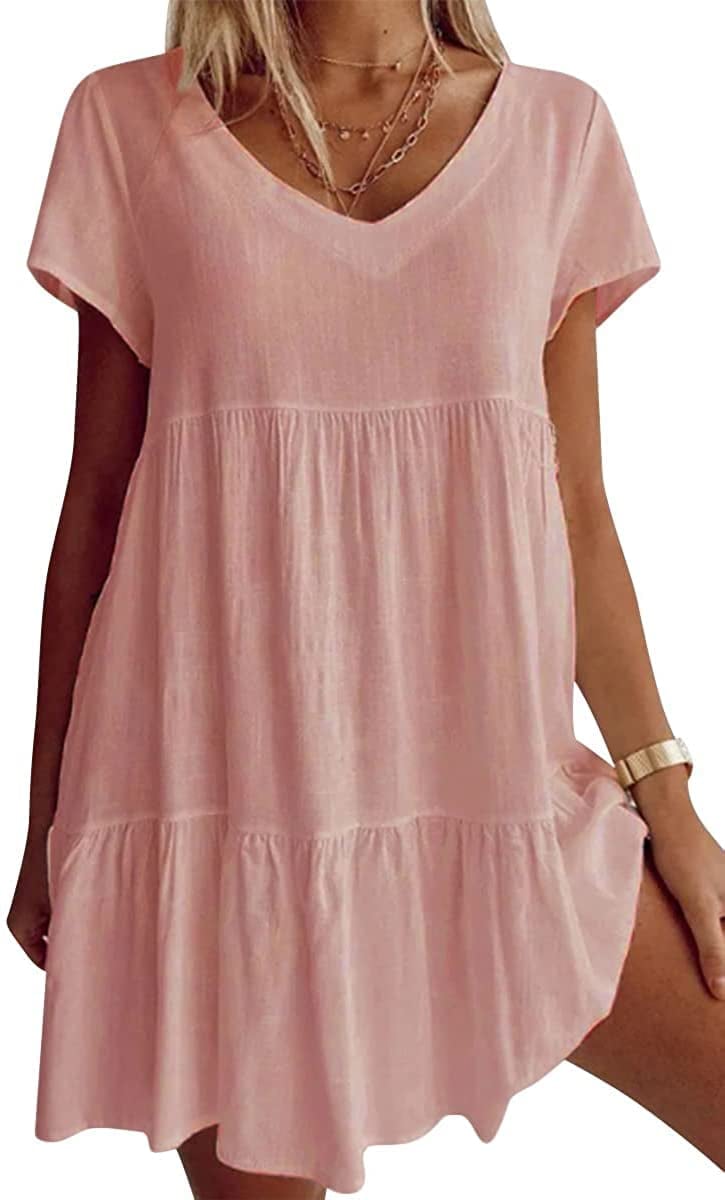 🔥Hot Sale Plus Size Cotton-Blend V Neck Casual Short Sleeve Weaving Dress