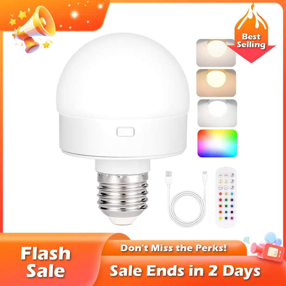 🏆Flash Sale⚡ 50K+ SOLD! Almost Gone-💥Rechargeable Light Bulbs with Remote Control, Battery Operated Light Bulb for Sconce and Lamp, 3 Color Temperature Dimmable E26 Wireless Detachable LED Charging Bulb,Best gifts