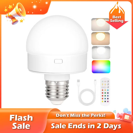 🏆Flash Sale⚡ 50K+ SOLD! Almost Gone-💥Rechargeable Light Bulbs with Remote Control, Battery Operated Light Bulb for Sconce and Lamp, 3 Color Temperature Dimmable E26 Wireless Detachable LED Charging Bulb,Best gifts