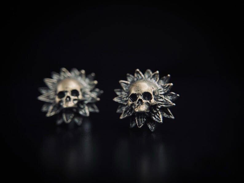 Sterling Silver Maya Skull - Gothic Earrings