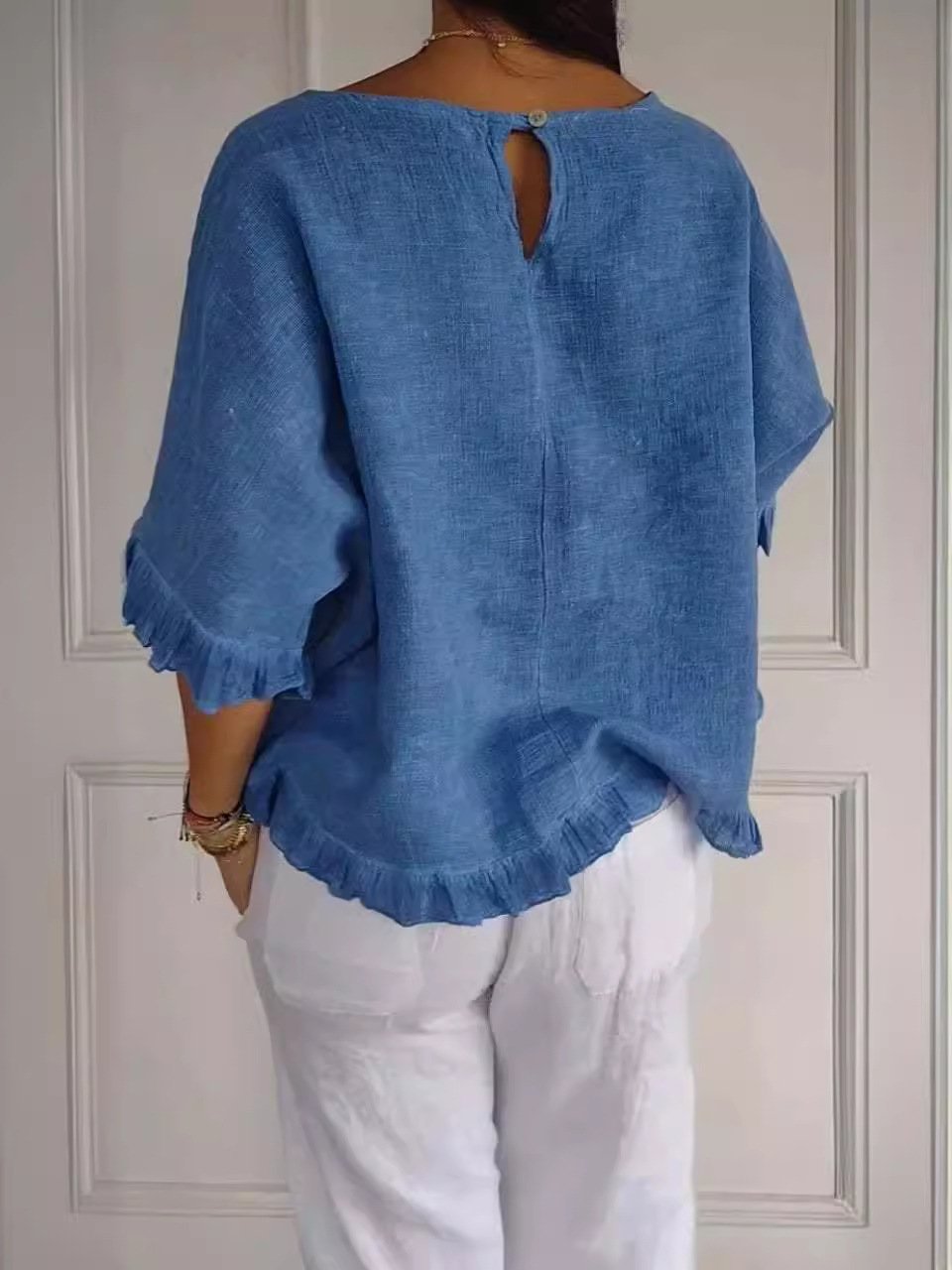 Round Neck Ruffled Hem Mid-sleeve Cotton and Linen Top