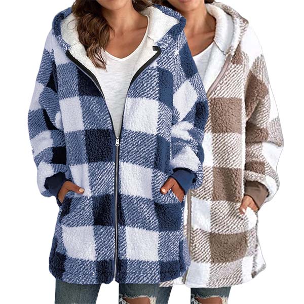 Women Oversized Hoodie Plaid Loose Overcoat