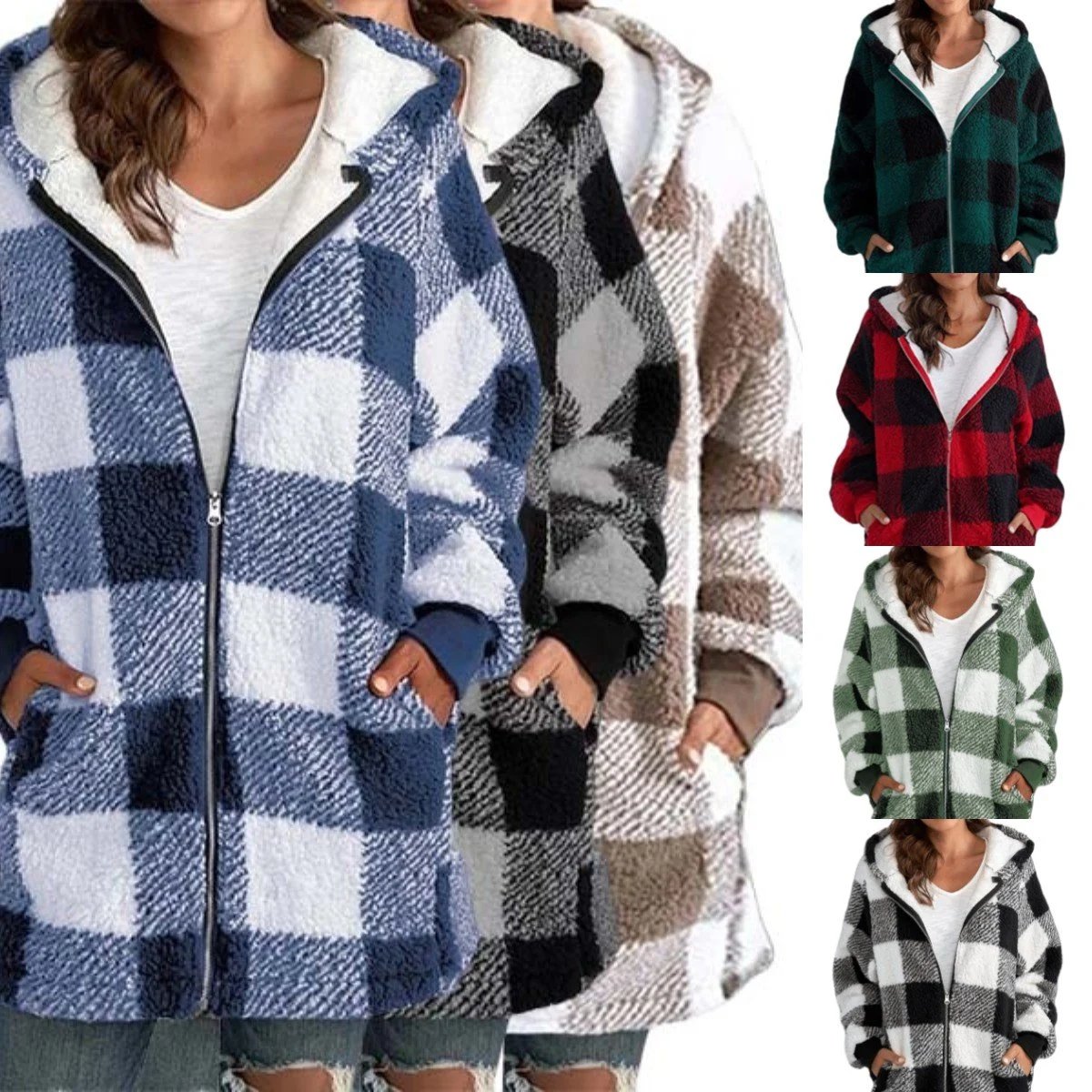 Women Oversized Hoodie Plaid Loose Overcoat