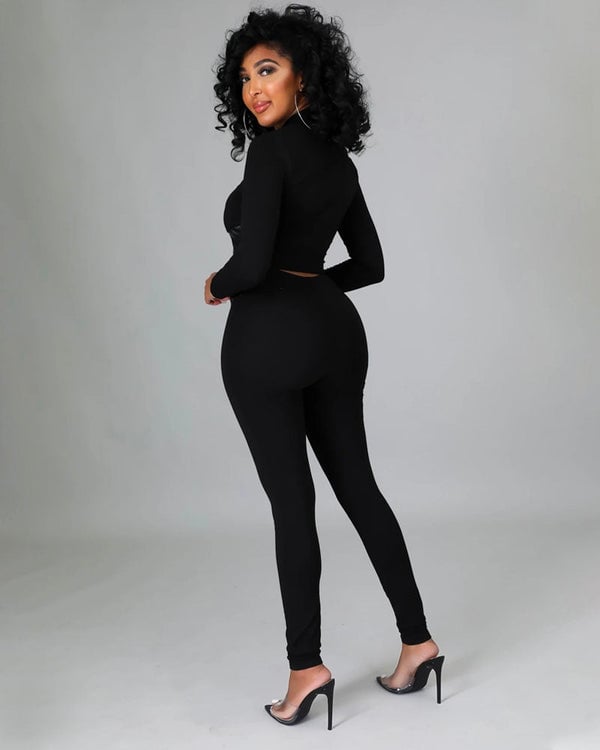 Tight-Fit PU Leather Long Sleeve Leggings Set