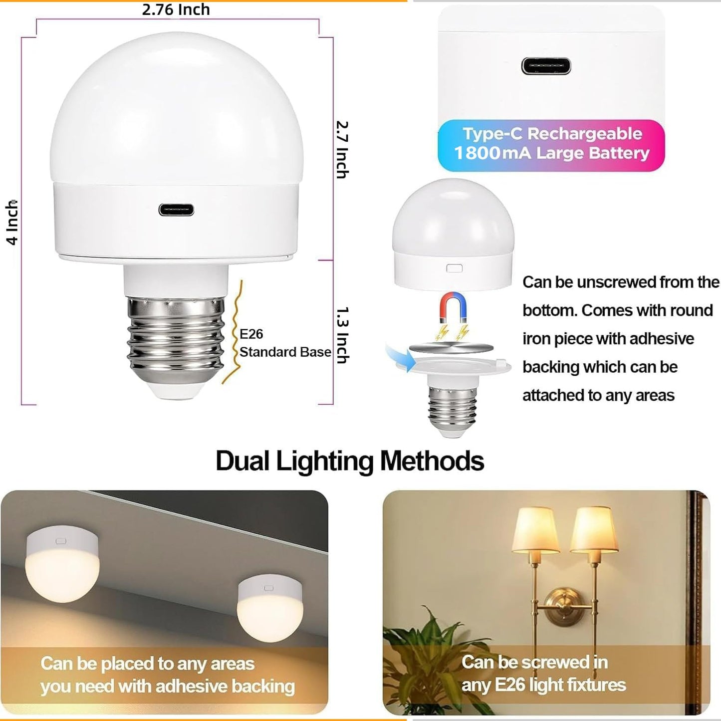 🏆Flash Sale⚡ 50K+ SOLD! Almost Gone-💥Rechargeable Light Bulbs with Remote Control, Battery Operated Light Bulb for Sconce and Lamp, 3 Color Temperature Dimmable E26 Wireless Detachable LED Charging Bulb,Best gifts