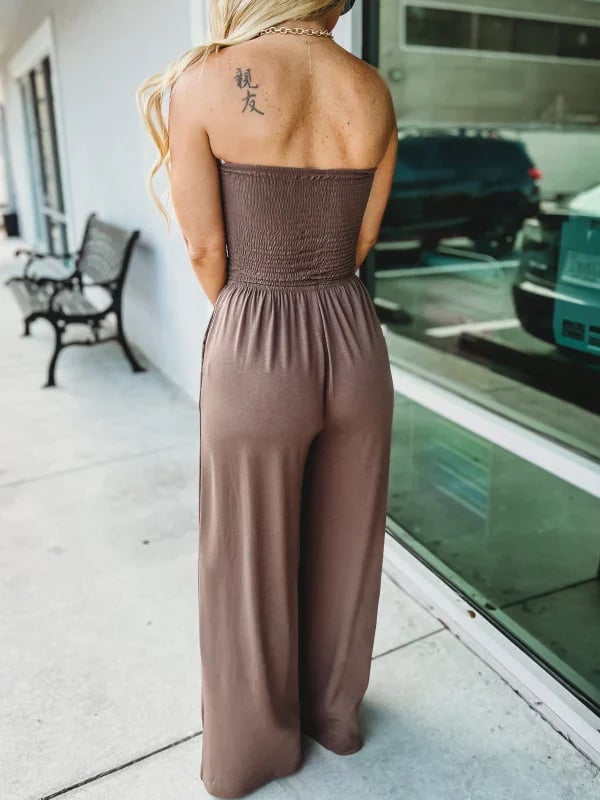 🔥2023 Hot Sale 🔥Off Shoulder Solid Color Smocked Jumpsuit