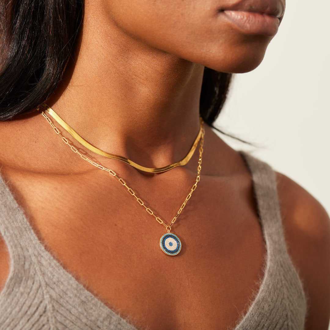 Pavé Evil Eye Circle Pendant Layered Necklace Set