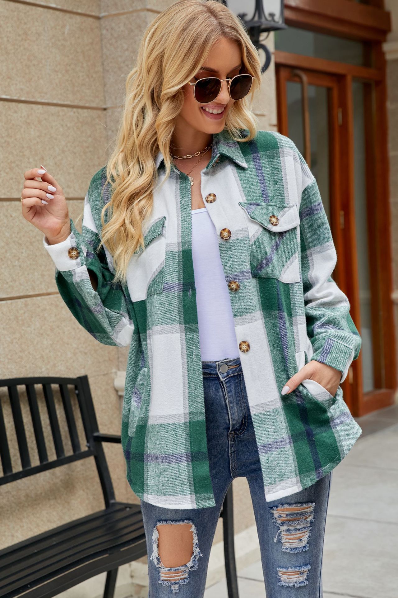 Women's plaid coat casual loose pocket shirt